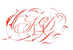 A red decorative cursive monogram or logo design on a plain white background.